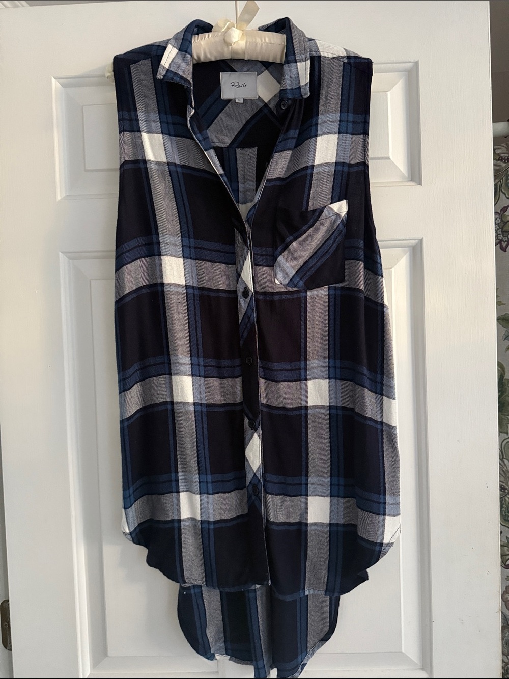 Rails Sleeveless Plaid Button Down Tunic Navy Blue White High Low Sz M